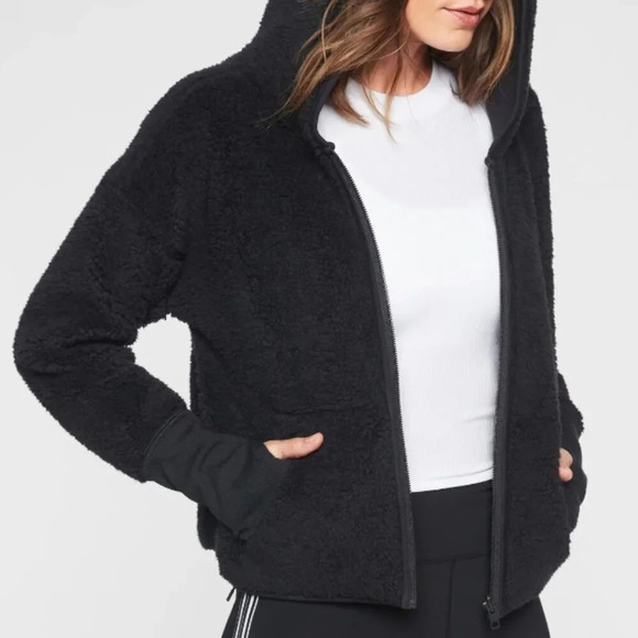 Athleta Black Zip Up Reversible Sherpa Hooded Jacket small tall nbnn - Picture 1 of 7